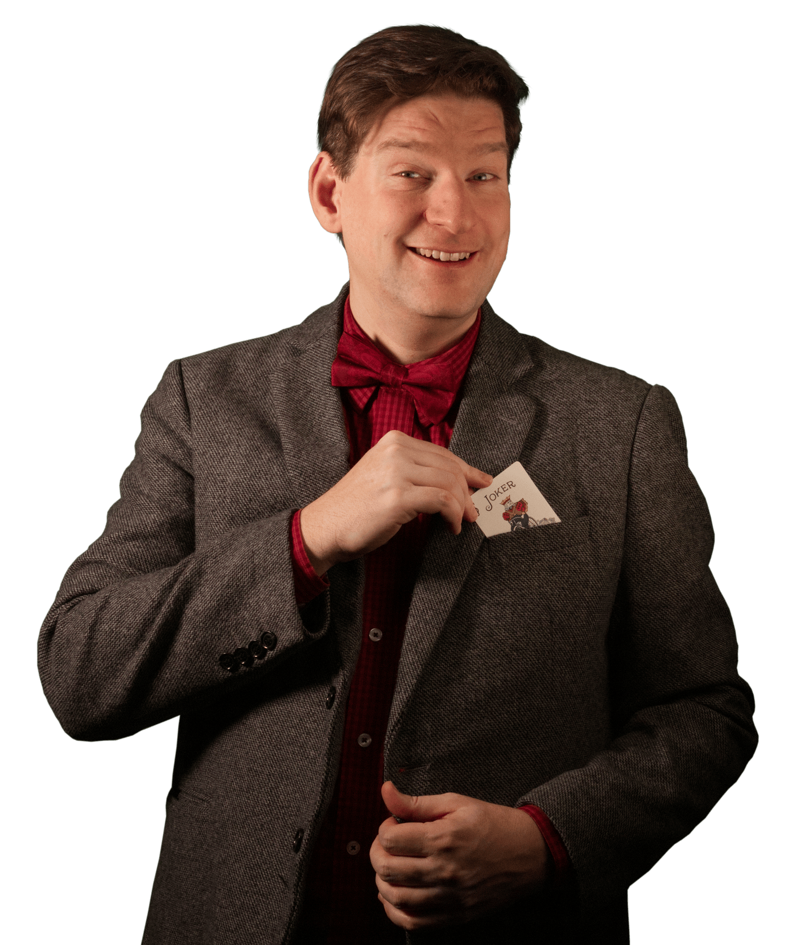 Ryan Pilling, magician, with a banana in his suit pocket